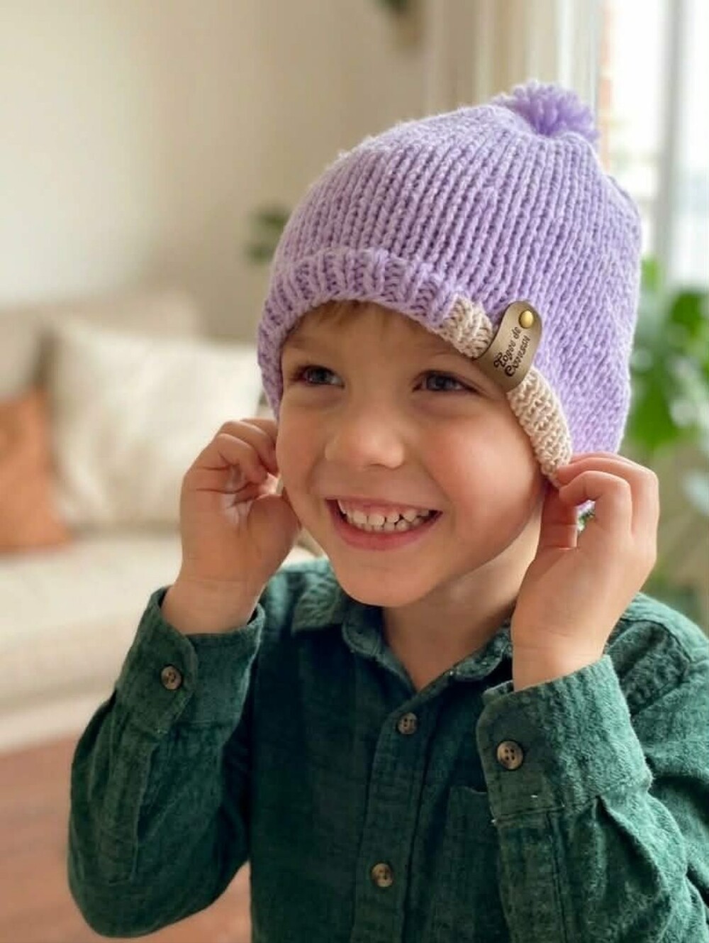 Kids Lavender Knit Beanie with Cream Trim
